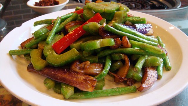 虾酱豆角凉瓜炒茄子