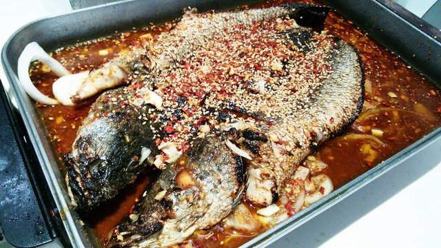 本来想点的江团鱼，正好没有了，就挑了条不大不小2.1斤的黑鱼。其他口味基本都尝试过，要了服务员推荐的油泼香辣。口味倒不是很辣，主要感觉辣子很香，鱼也很入味，烤鱼入味挺不容易的。